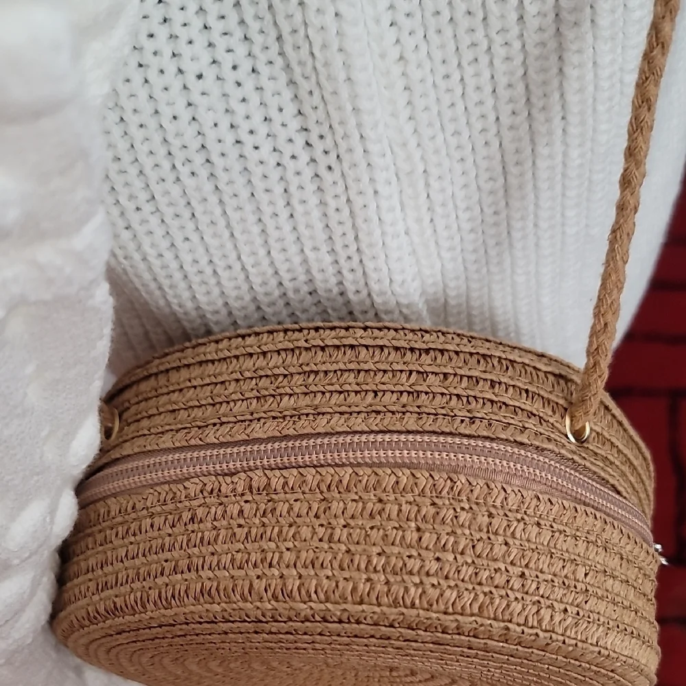 Elegant Khaki Rattan Round Crossbody Bag